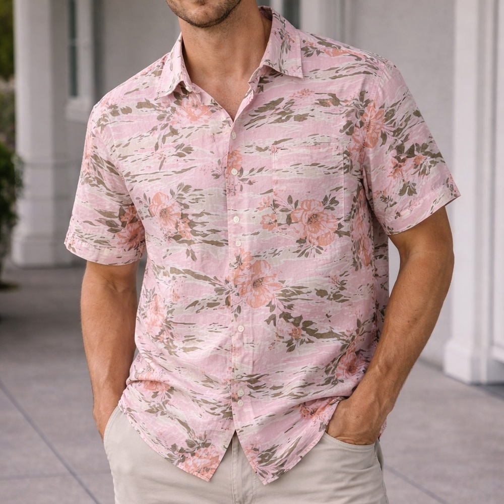 Express Men's Pink and Brown Floral Shirt